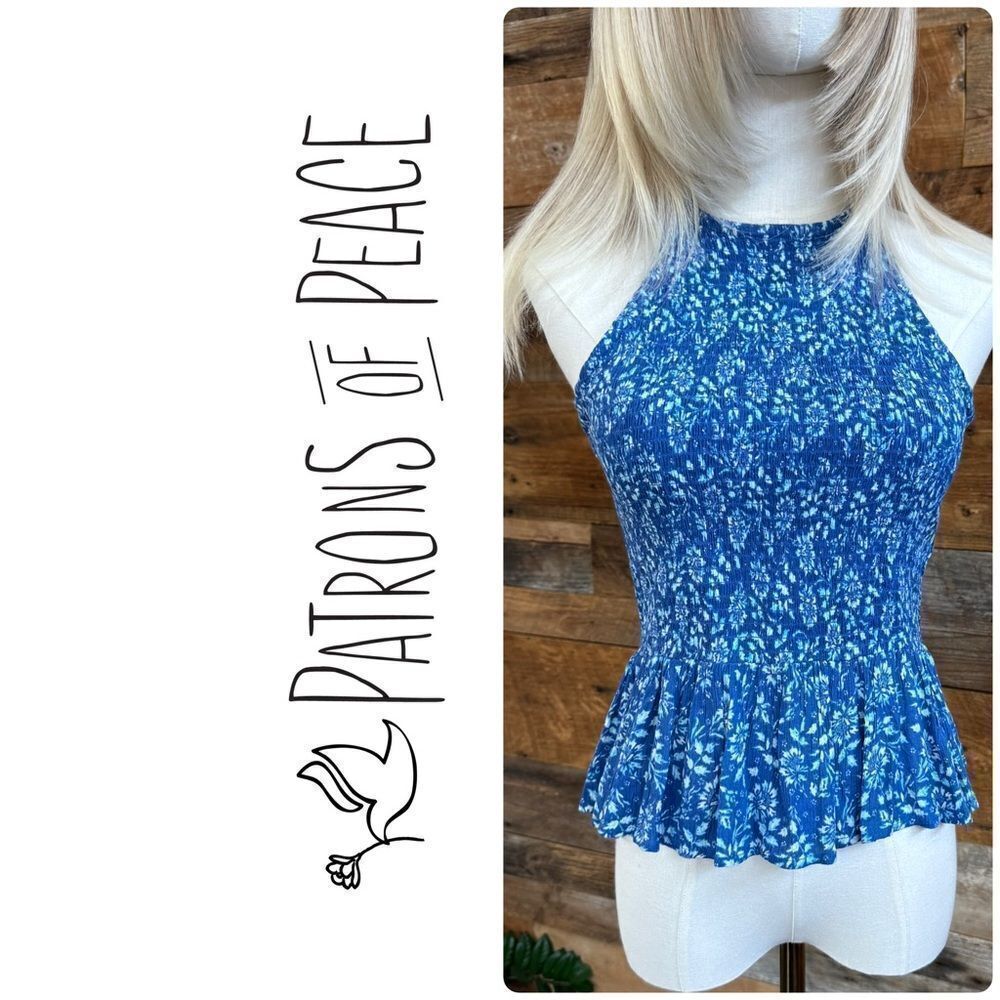 🌼 NEW! Patrons of Peace Smocked Boho Top – FX Crystal Blue – Size L (NWT)